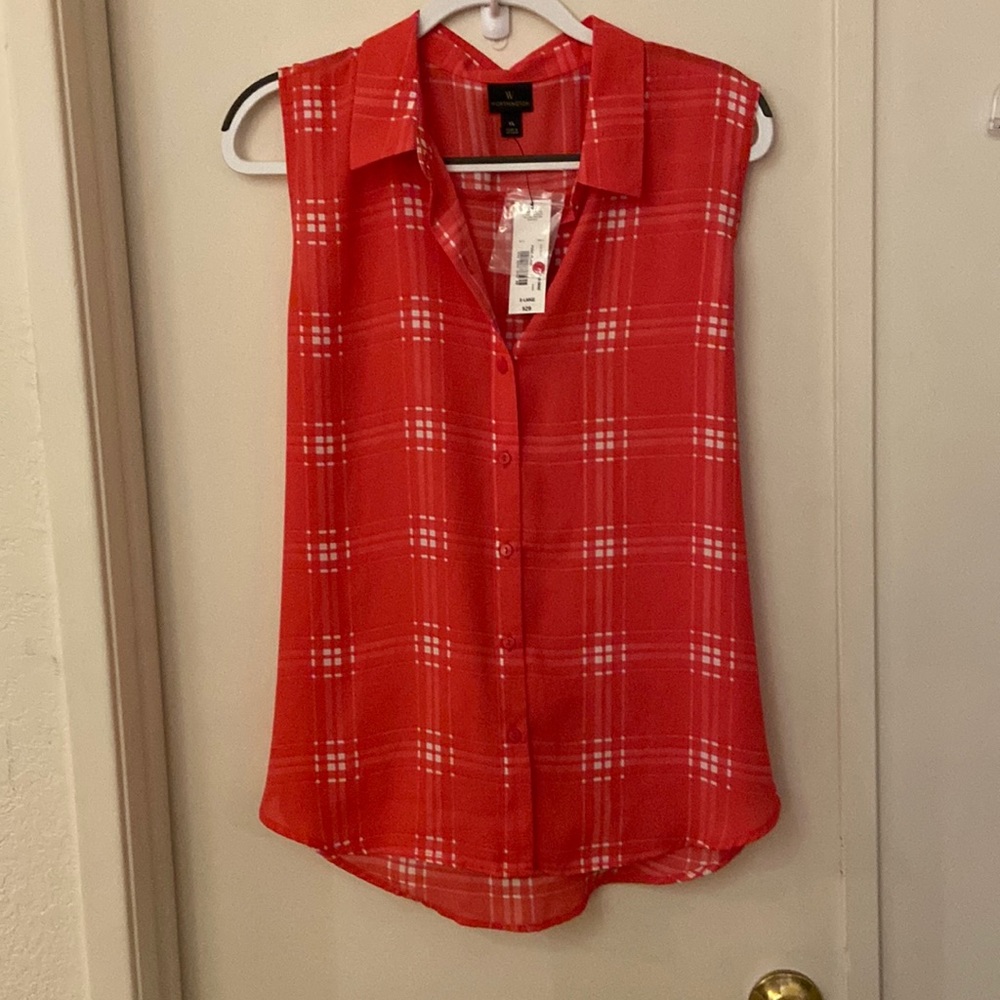 New pink plaid, sleeveless button down polyester blouse.